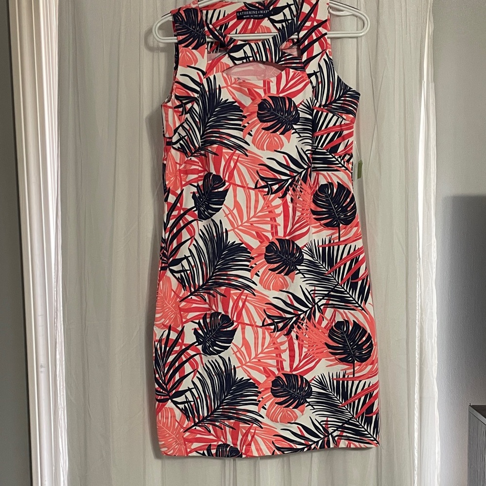 Coral Leaf Print Sleeveless Mini Dress